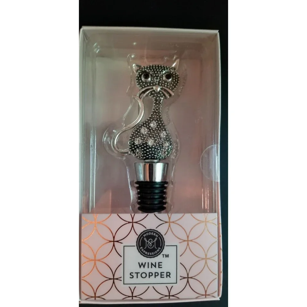 Wine Stopper Cat Silver & Black